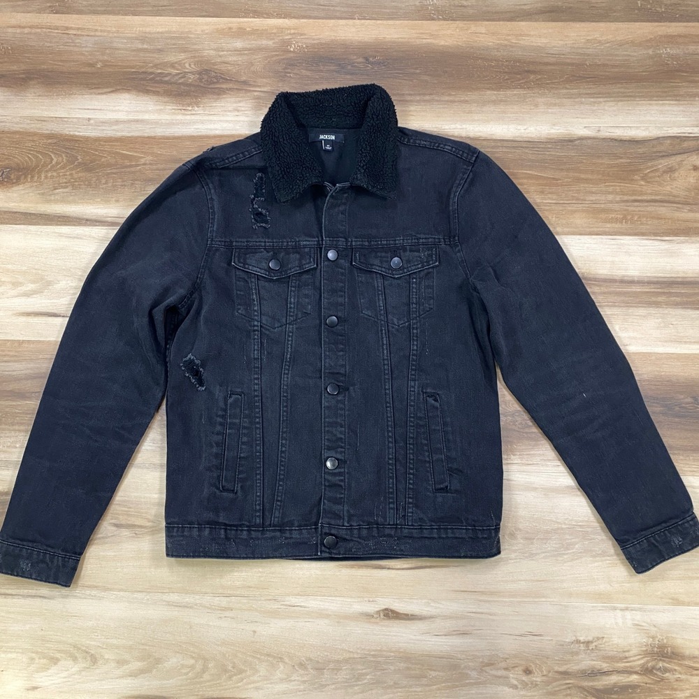 Jackson Denim Jacket Women M Distressed Borg Collar Cotton Blend Trucker Black